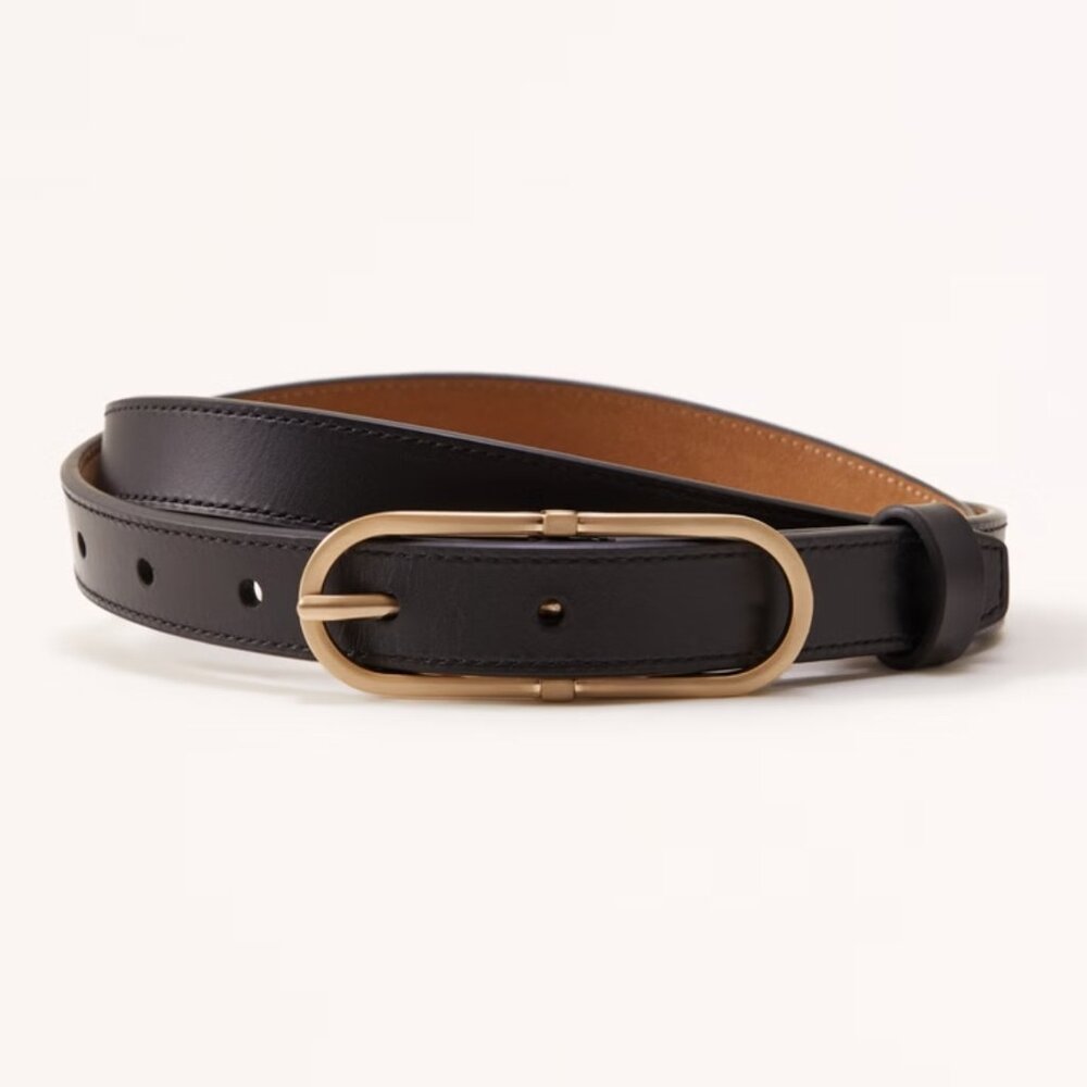 Abercrombie & Fitch Black Leather Belt with Gold Oval Buckle
